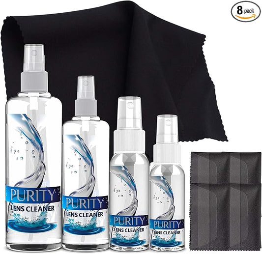 Purity Eyeglass Cleaner Family Pack - Multi-Size Lens Cleaner Kit - 1x1oz, 1x2oz, 1x4oz, 1x8oz Bottles + 4 Premium Microfiber Cloths - Safe for All Lenses, Eyeglasses, & Screens - Streak-Free Formula