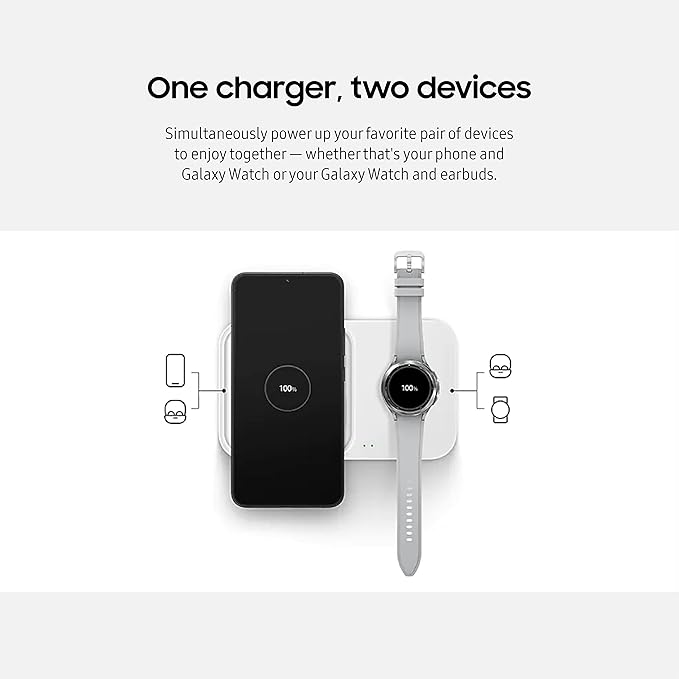 Samsung 15W Wireless Charger Duo w/USB C Cable, Dual Charging, Cordless Super Fast Charging Pad for Galaxy Phones and Devices, Compact Design, LED Indicator, 2022, US Version, White
