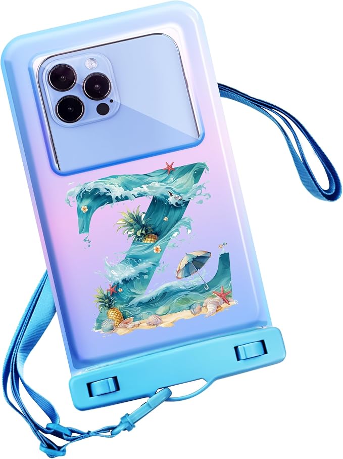 Personalized Initial Waterproof Phone Pouch Case - IPX8 Cellphone Dry Bag with Lanyard for iPhone 16/15/14/13/12 Pro Max (6.1–6.9"), Beach & Cruise Ship Essentials with Monogrammed Design (Blue, Z)