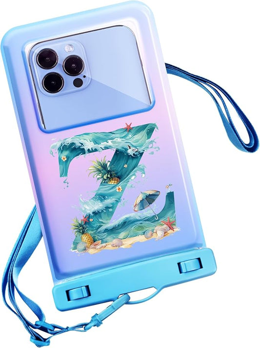 Personalized Initial Waterproof Phone Pouch Case - IPX8 Cellphone Dry Bag with Lanyard for iPhone 16/15/14/13/12 Pro Max (6.1–6.9"), Beach & Cruise Ship Essentials with Monogrammed Design (Blue, Z)