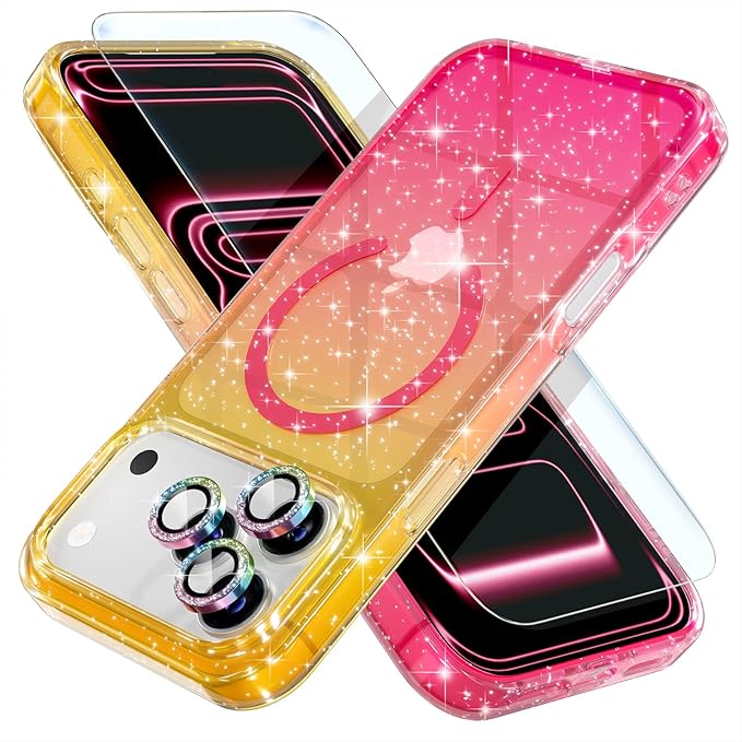Choiche Magnetic for iPhone 17 Pro Max Case Compatible with MagSafe, Women Cute Glitter Sparkly Phone Case with Diamond Camera Lens Protectors, Military-Grade Drop Protection 6.9" (Gold/Pink)
