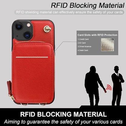 Bocasal Crossbody Wallet Case for iPhone 14 iPhone 13, RFID Blocking Leather Purse Case with Card Holder, Protective Handbag Flip Cover with Zipper Wrist Strap Lanyard for Women 5G 6.1 Inch (Red)