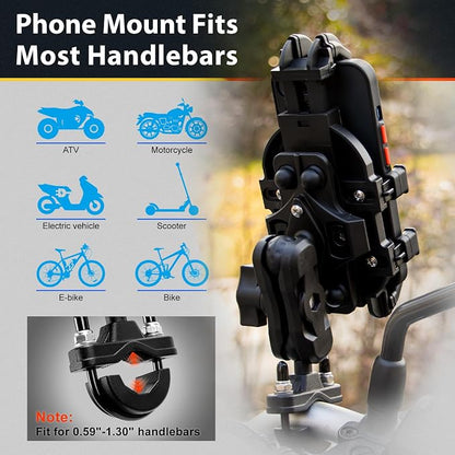 ELVANO Motorcycle Phone Mount Holder: Anti-Shake Phone Holder with Vibration Dampener for 4.7-7.2" Smartphone, Heavy Duty Adjustable Cellphone Clip Fits 0.6-1.3" Handlebar for Bike Bicycle Scooter ATV