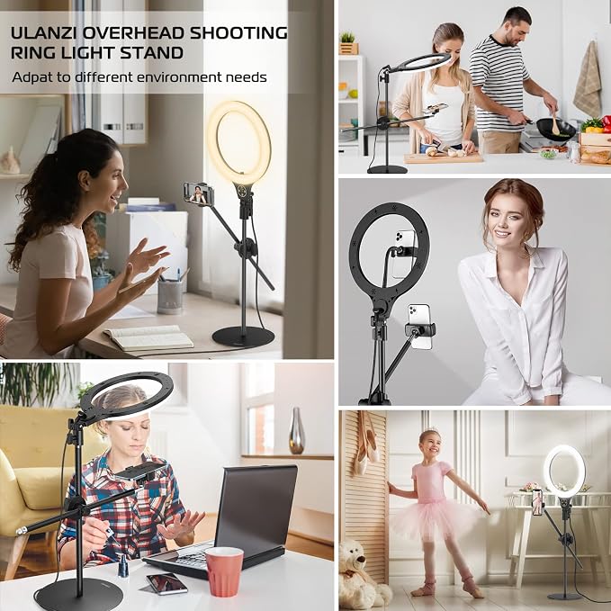 ULANZI Overhead Phone Mount Tripod with Light, 3500k-6500K 10" Desk Ring Light with Stand and Phone Holder for Video Recording, Zoom Meeting, Make Up, Cooking, Selfie, Live Streaming, Tiktok, YouTube