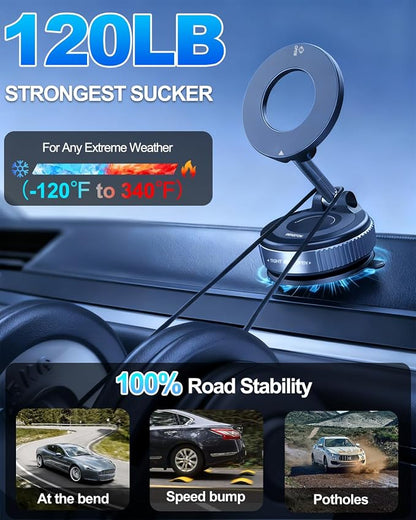 Upgraded Vacuum Magnetic Car Phone Holder for Your Car [120LBS Ultra Suction Cup & 3000gf Magnet] 780° Adjustable Foldable Cell Phone Mount for Magsafe Dashboard Car Bracket Stand for iPhone & Android