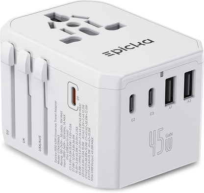 EPICKA Universal Travel Adapter GaN 45W, European Travel Plug Adapter with PD&QC Fast Charging(2 USB-A & 3 USB-C Ports) - Worldwide Travel Essentials, International Power Adapter for UK/US/AU (White)