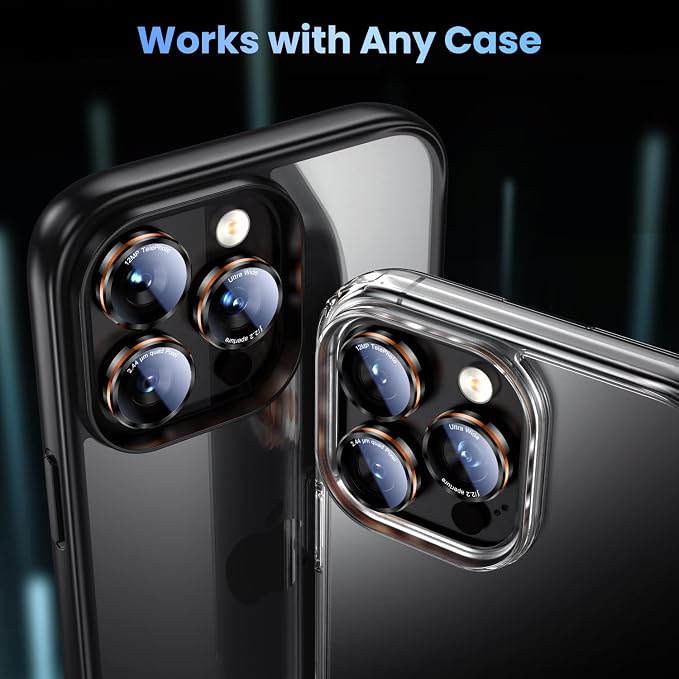 Uyiton for iPhone 17 Pro Max/17 Pro/16 Pro Max/16 Pro/15 Pro Max/15 Pro/14 Pro Max/14 Pro Camera Lens Protector - Military-Grade Tempered Glass Metal Camera Cover, Easy to Install,Black+Orange