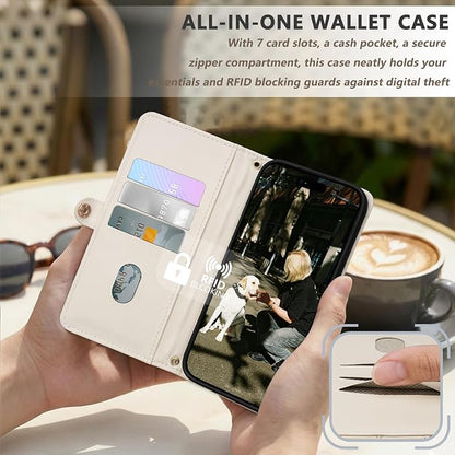 Rssviss Crossbody Wallet Case for iPhone 17 Pro Max 6.9", with Make Up Mirror, Wrist Strap, Zipper Purse Magnetic Flip, RFID Blocking Card Holder Kickstand, PU Leather Shockproof Women, Beige