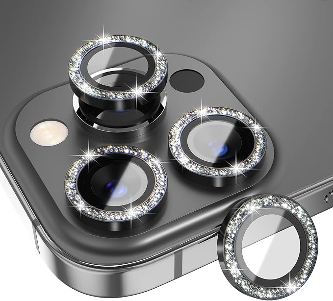 Choiche Compatible for iPhone 13 Pro/iPhone 13 Pro Max Camera Lens Protector Bling, 9H Tempered Glass Camera Cover Screen Protector Metal Ring Decoration Accessories (Glitter-Graphite)