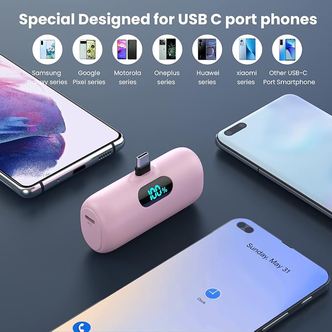 Small Portable Charger for iPhone 17/16/15 Series,5000mAh 3A PD USB C Power Bank,Mini LCD Display Battery Pack for iPhone 17/17Pro/16Plus/16Pro/15Pro Max,Samsung,Android/Moto/LG etc (Pink)