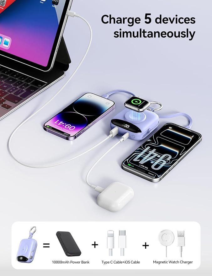Portable Charger Power Bank, 10000mAh Fast Charging Power Bank with Built-in Cables, Travel Keychain Battery Pack with LED Display for iPhone Samsung Android iPad iWatch Charger 11/10/9/8/Ultra,Purple