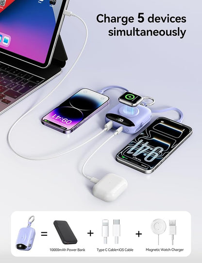 Portable Charger Power Bank, 10000mAh Fast Charging Power Bank with Built-in Cables, Travel Keychain Battery Pack with LED Display for iPhone Samsung Android iPad iWatch Charger 11/10/9/8/Ultra,Purple