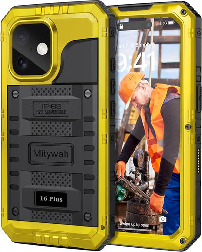 Mitywah Waterproof Case for iPhone 16 Plus, Shockproof Heavy Duty Case with Built-in Screen Protector, Underwater Full Body Protective Metal Case 6.7 inch, Yellow