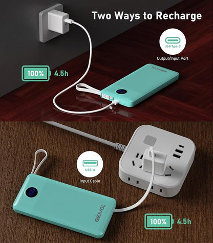 Portable Charger with Built in Cables, 10000mAh Power Bank, Battery Pack | 1 Pack, Slim, Travel Essentials, 4 Output 2 Input, for iPhone 17/16/15/14/13,Samsung, Android, etc-Green
