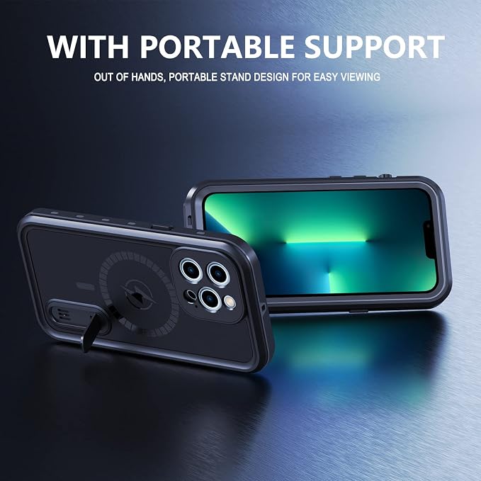 Omio for iPhone 13 Pro Max Waterproof Case Compatible with MagSafe, Magnetic Full Body IP68 Shell with Built-in Screen Protector Military Grade Shockproof Cover with Stand for Men Women Black
