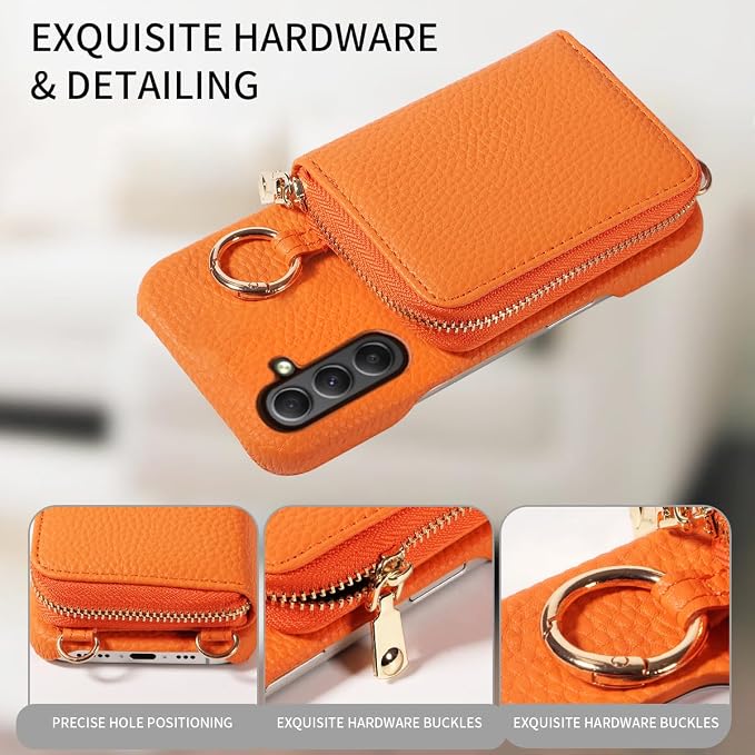 Wallet Case for Samsung Galaxy A35 5G with Shoulder Strap Ring Buckle, Luxury PU Leather Zipper Flip Organ Purse, Credit Card Holder Stand Cell Phone Cover for A 35 35A A355G Women Men Orange