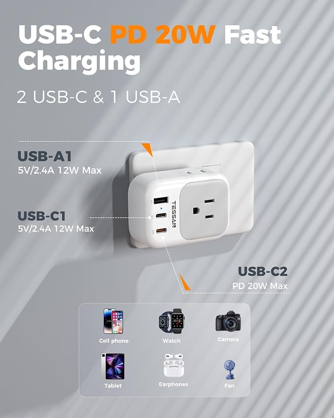 TESSAN Italy Travel Plug Adapter 2 Pack Type L | 4 Outlets, 2 USB C (1 with 20W PD), 1 USB A, For US to Italian Chile Rome Uruguay Milan Libya