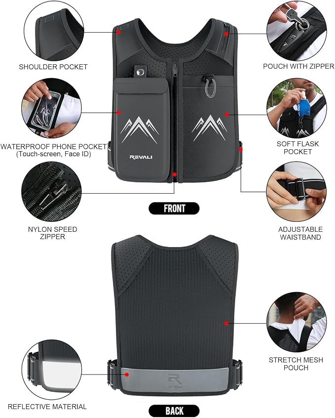 REVALI Running Vest, USA Original Patent, Zip Reflective Running Vests with 500ml Hydration Bottle, Adjustable Waistband & Breathable Material, Chest Pack Gear Phone Holder for Men & Women