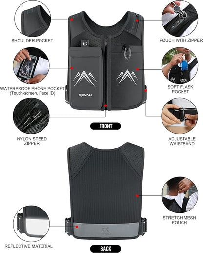 REVALI Running Vest, USA Original Patent, Zip Reflective Running Vests with 500ml Hydration Bottle, Adjustable Waistband & Breathable Material, Chest Pack Gear Phone Holder for Men & Women