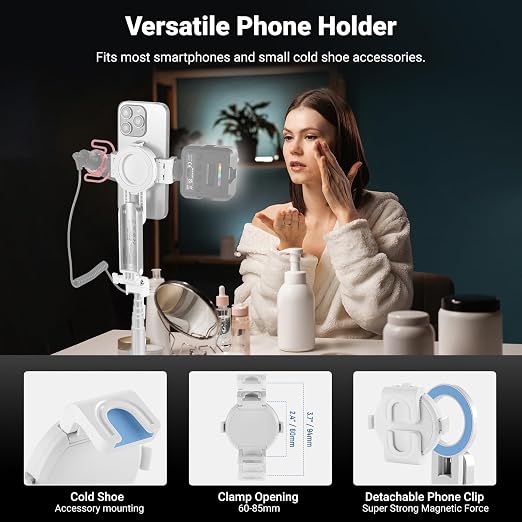 NEEWER BASICS Magnetic Selfie Stick Tripod Compatible with Magsafe iPhone Samsung Android, Portable Extendable Desk Stand with Cell Phone Grip Holder Detachable Remote for Video Recording, PA985 White