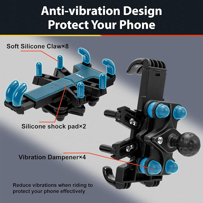 ELVANO Motorcycle Phone Mount Holder: Anti-Shake Phone Mount with Vibration Dampener for 4.7-7.2" Smartphone, Heavy Duty Adjustable Cellphone Clip Fits 0.6-1.3" Handlebar for Bike Bicycle Scooter ATV