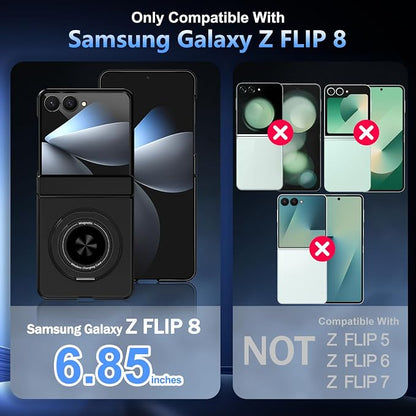 Hekodonk for Galaxy Z Flip 8 Case with 360 Rotatable Stand,[Compatible with MagSafe][Front Screen Protector],Magnetic Ring Holder with Hinge Protective Case for Samsung Z Flip 8,All Black
