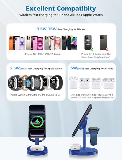 2026 3 in 1 Wireless Charging Station for Apple MagSafe Charger, 15W Fast Magnetic Mag-Safe Charger Stand for iPhone 17 16 15 14 13 12 iWatch AirPods 2 Pack (Adaptor Not Included)