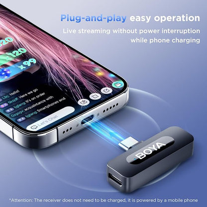 BOYA BY-V20 USB-C Wireless Microphone for Android Type-C,iPhone 16/15,328FT Los Range,9H Battery,Noise Reduction Mini Wireless Lavalier Lapel Mics for Interview YouTube TikTok(2TX+1RX)