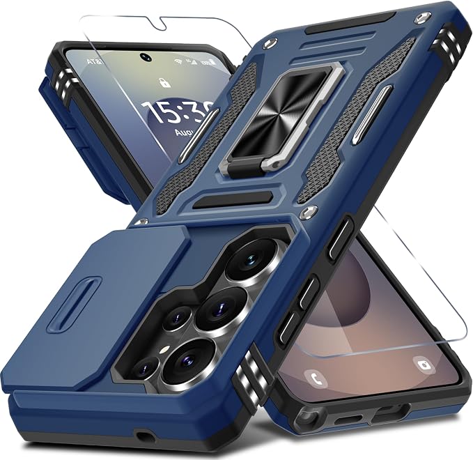 DEERLAMN Case for Samsung Galaxy S26 Ultra 6.9-Inch with Slide Camera Cover+Screen Protector(1 Pack), Rotated Ring Kickstand Military Grade Shockproof Protective Cover-Navy Blue