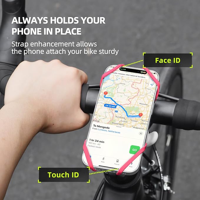 Bike Phone Mount for Handlebar – Scratch-Free Silicone Holder with Anti-Slip Grip, Universal Cycling Phone Stand Compatible with iPhone/Samsung (4.0"-7.2"),Horizontal & Vertical Installation