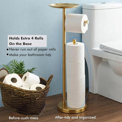 Gold Toilet Paper Holder with Shelf, Freestanding Toilet Paper Holder Stand with Storage for Holding Extra 4 Toilet Paper Rolls, Heavy Base No Tipping Over (Stainless Steel, Gold)