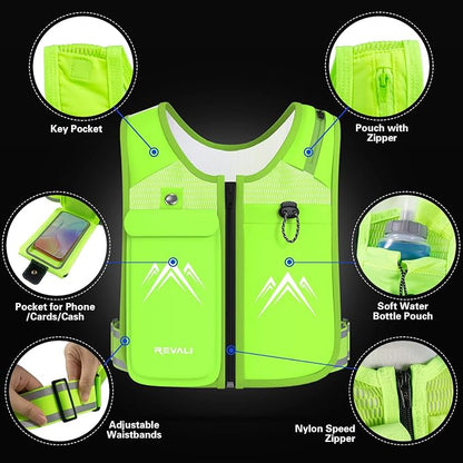 REVALI Running Vest, USA Original Patent, Zip Reflective Running Vests with 500ml Hydration Bottle, Adjustable Waistband & Breathable Material, Chest Pack Gear Phone Holder for Men & Women