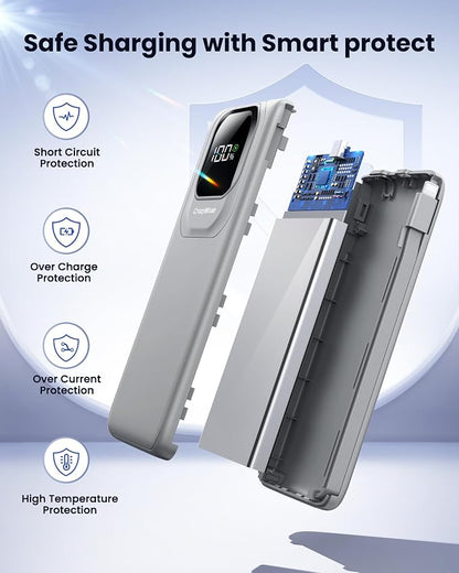 Portable Charger Power Bank with Built-in Type C Cables, 22.5W Fast Charging 10000mAh Phone Charger, Travel Battery Pack Slim Battery Bank with Smart LED Display for iPhone, Android & USB-C-Gray