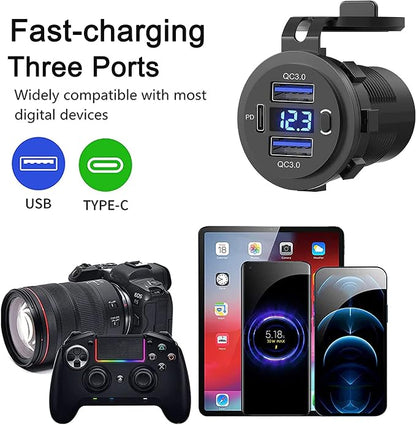 Zennova [5 Pack] 12v USB Outlet, Dual USB Quick Charge 3.0 Port and PD USB C Car Charger Socket Waterproof with Voltmeter and Power Switch for Car Golf Cart Boat Marine Bus Truck RV Marine Motorcycle