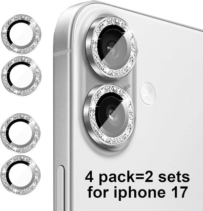 Compatible for iPhone 17/17 Pro/iPhone 17 Pro Max Camera Lens Protector Bling, Cute Sparkle Glitter Camera Cover for Women, Individual Ring, Anti-Scratch (3 Protectors + 1 Extra), Silver