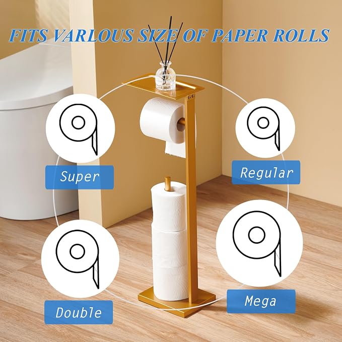 Freestanding Toilet Paper Holder Stand with Storage Tray – Gold Stainless Steel Bathroom Tissue Dispenser, Square Design