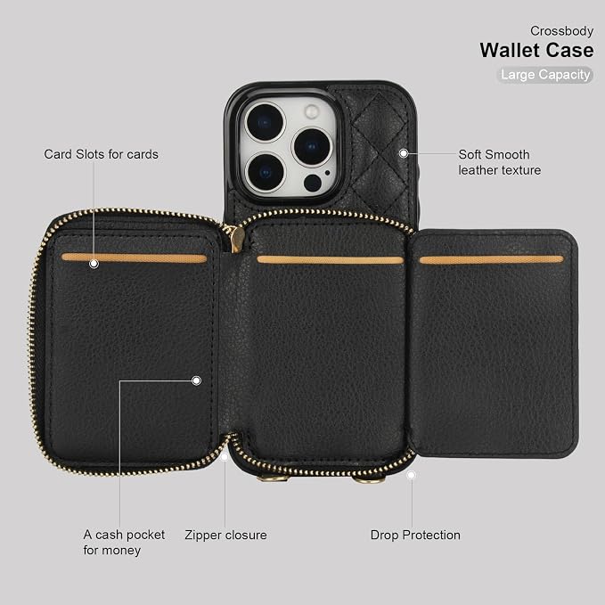 Bocasal Crossbody Wallet Case for iPhone 16 Pro, RFID Blocking PU Leather Zipper Handbag Purse Flip Cover, Kickstand Folio Case with Card Slots Holder Wrist Strap Lanyard 5G 6.3 Inch (Black)