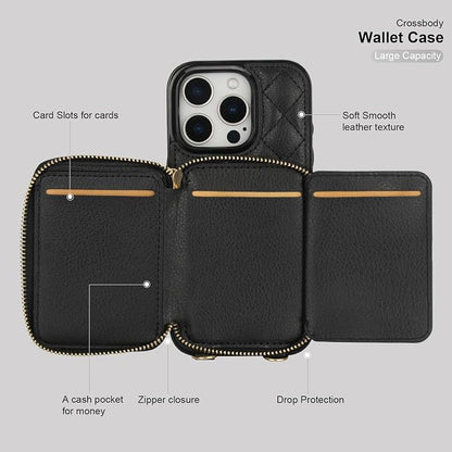 Bocasal Crossbody Wallet Case for iPhone 16 Pro, RFID Blocking PU Leather Zipper Handbag Purse Flip Cover, Kickstand Folio Case with Card Slots Holder Wrist Strap Lanyard 5G 6.3 Inch (Black)