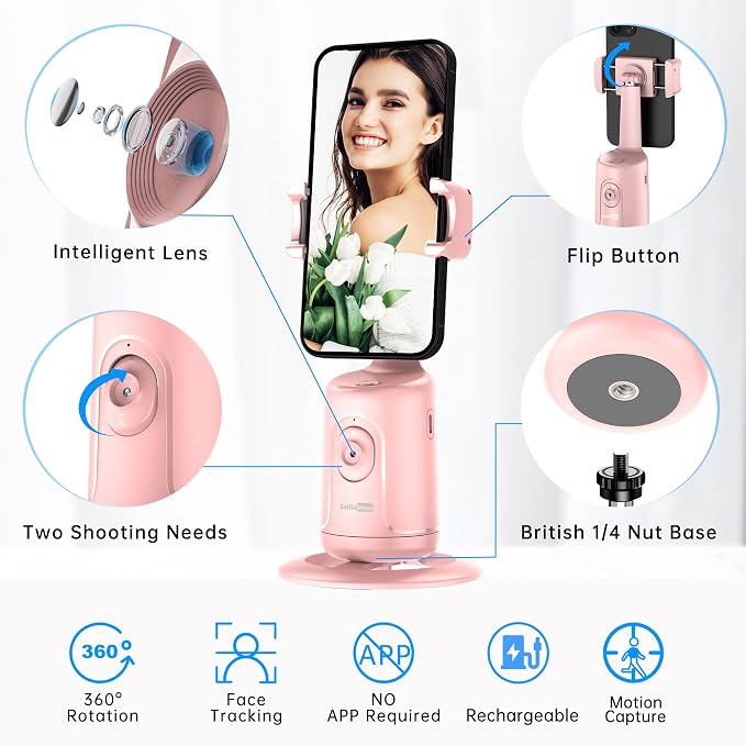 Auto Tracking Phone Holder, Auto Face Tracking Tripod, Portable All-in-one Smart Selfie Stick 360 Rotation Fast Face & Object Tracking Cameraman Robot Mount for Phone Video Vlog Live Streaming(Pink)