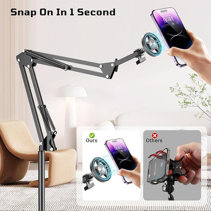 Floor Magnetic Phone Holder for Bed Laying Down, Adjustable Bedside Phone Stand for iPhone Magsafe, Headboard Cell Phone Mount for Reading