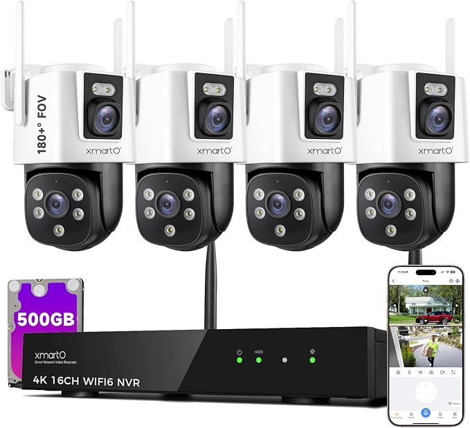xmartO 4 Dual-Lens Wireless Camera Kit, 8-View WiFi6 Mesh Long Range Security System, 16CH 4K Dual Band NVR, 4MP 180° Static FOV & 360°PTZ AI Tracking, 24/7 Plug-in, 500GB HDD, No Monthly Fee