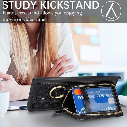 Crossbody Wallet Case for Galaxy S25 Ultra, PU Leather Zipper Handbag Purse Flip Cover, Kickstand Folio Case with Card Slots Holder Wrist Strap Lanyard -Black