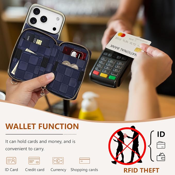 Keallce for iPhone 17 Pro 6.3'' Wallet Case, Crossbody Zipper Purse with 4 Card Slots RFID Blocking, Lanyards & Wrist Straps, Flip Leather Folio Cover with Kickstand for iPhone 17 Pro, Navyblue
