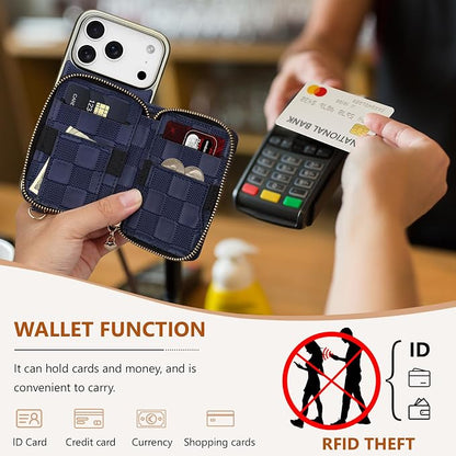 Keallce for iPhone 17 Pro 6.3'' Wallet Case, Crossbody Zipper Purse with 4 Card Slots RFID Blocking, Lanyards & Wrist Straps, Flip Leather Folio Cover with Kickstand for iPhone 17 Pro, Navyblue