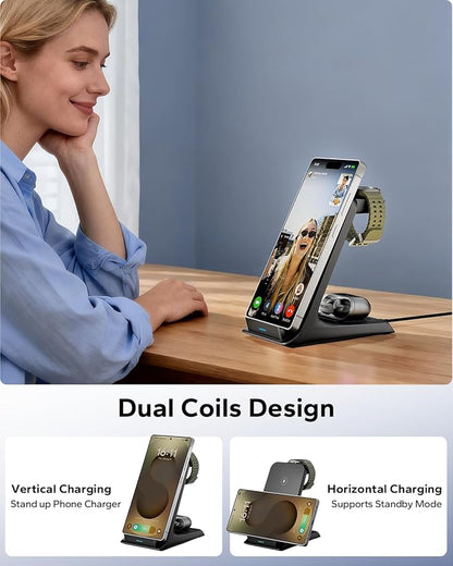 3 in 1 Charging Station for Samsung for Thick Cases of 10MM/Otterbox/Heavy Duty, Wireless Charger for Samsung Galaxy S26 Ultra/S25/S24, Phone Charger Stand for Galaxy Watch and Buds(Black)