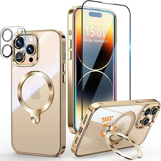 [Tri-Shield Protection] for iPhone 14 Pro Case with 360° Spin Stand Compatible with MagSafe [Magnetic CD Ring] [Screen & Camera Lens Protector] Shockproof Plating Never-Yellowing, Gold-6.1"