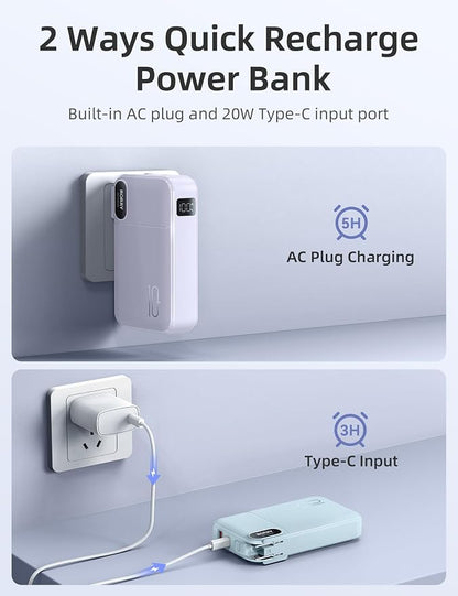 RORRY Portable Charger w/Wall Plug 10000mAh Power Bank 22.5W Battery Pack | Built in Cables, Fast Charging, for iPhone, iPad, Samsung Galaxy, Pixel, LG, Travel Essential, Digital Display, Pocket Size