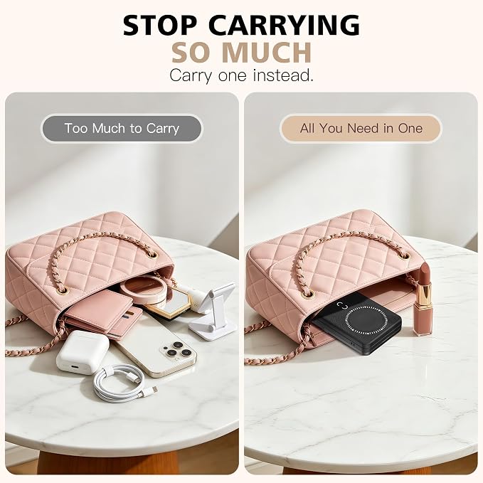 Magnetic Wireless Power Bank 5-in-1, 5000mAh Portable Charger with LED Mirror, Phone Stand, Card Holder & Bluetooth Remote, 20W Fast Charging for iPhone & Android, Travel Essential for Women