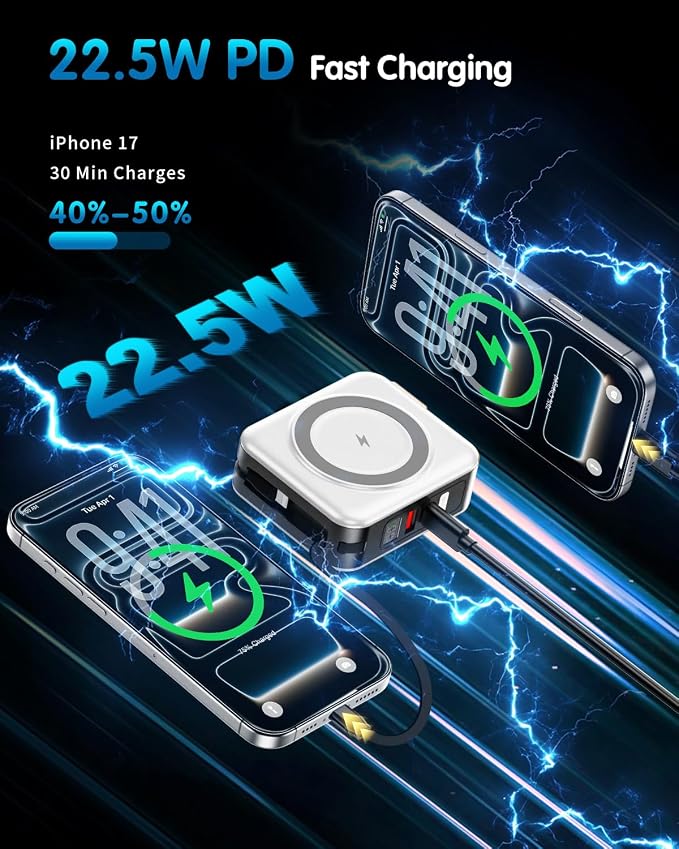 10000mAh for Magsafe Portable Charger Built-in Cables & AC Wall Plug,White | 6-in-1,PD 22.5W USB C Fast Charging,15W Magnetic Wireless Charging,Charge 5 devices at once,LED Display Travel Power Bank
