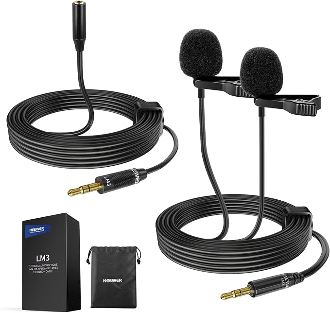 NEEWER 2m Wired Dual Lavalier Microphones with 4m Extension Cable, Mini Clip On Omnidirectional Condenser Lapel Lav Mic 3.5mm TRS for DSLR Mirrorless Camera Camcorder Interview Vlog, LM3